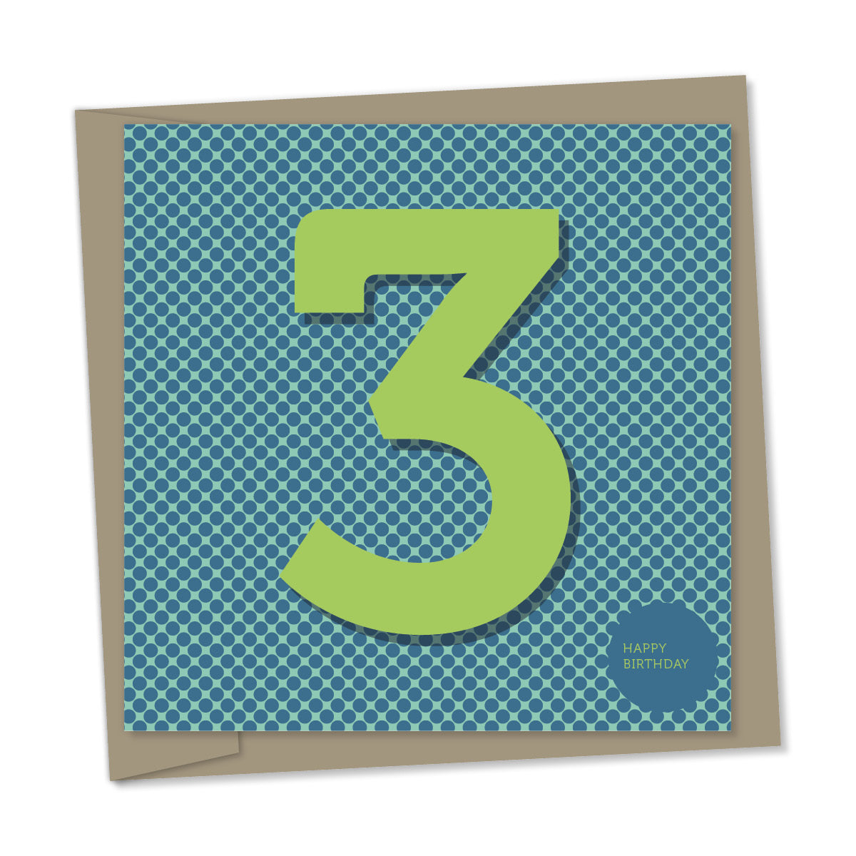 3rd birthday card – bright green number, blue dots