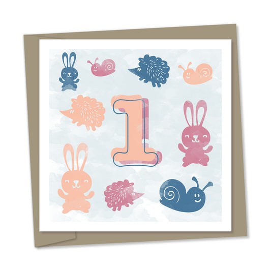 1st birthday card - bunnies, snails and hedgehogs