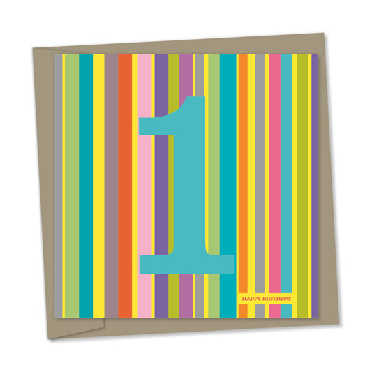 1st birthday card – pale blue number in striped background