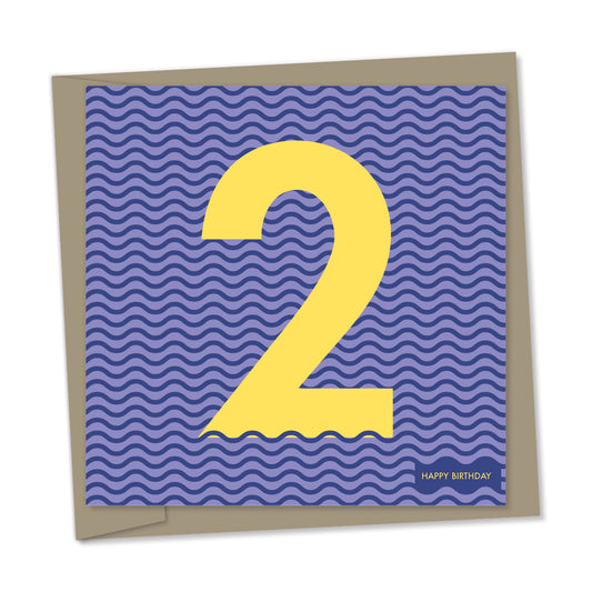 2nd birthday card – yellow number in a purple wavy sea