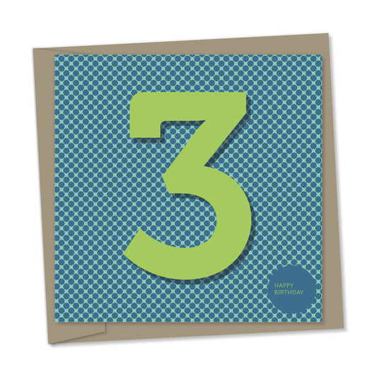 3rd birthday card – bright green number, blue dots