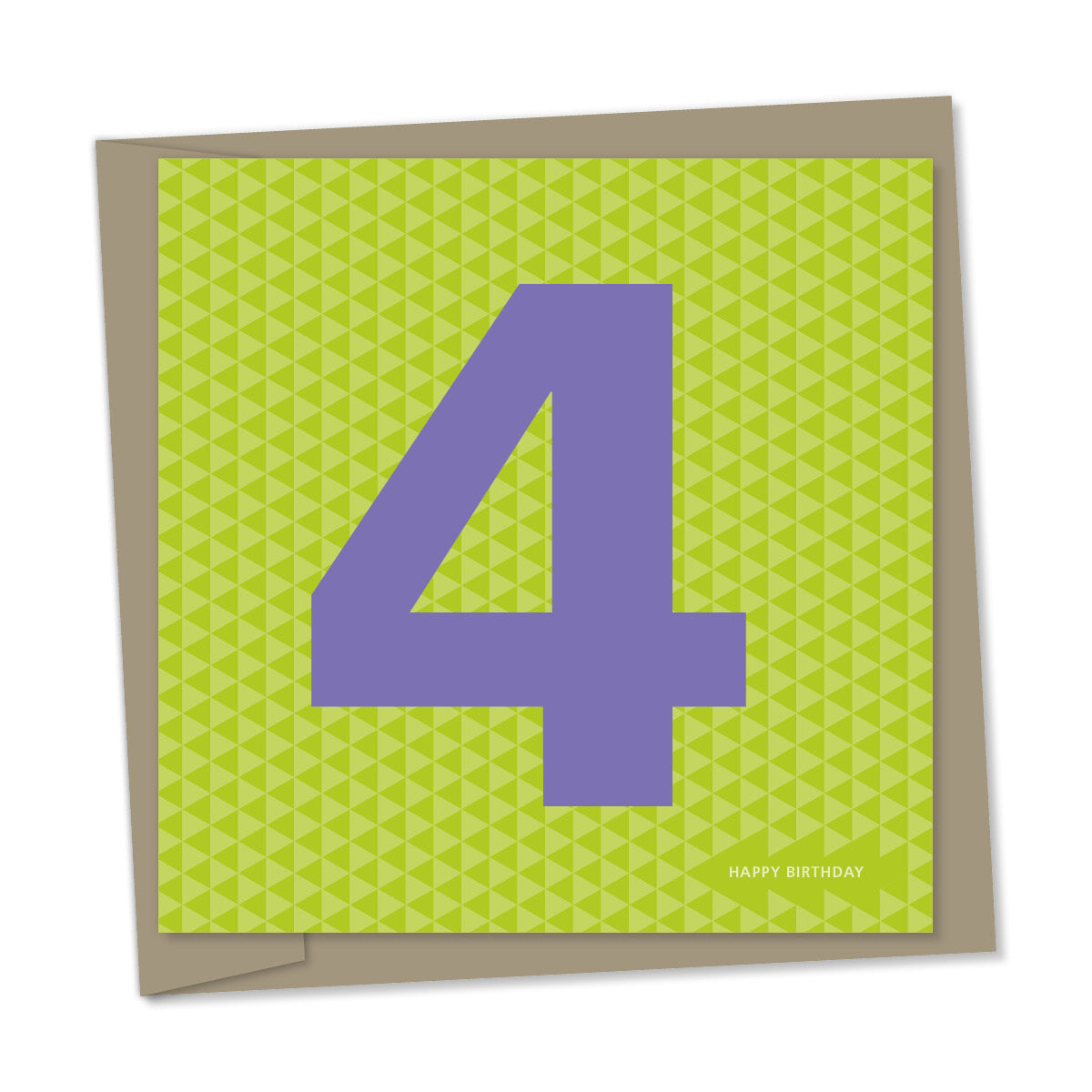 4th birthday card – purple number, green triangles background