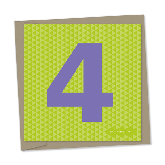 4th birthday card – purple number, green triangles background