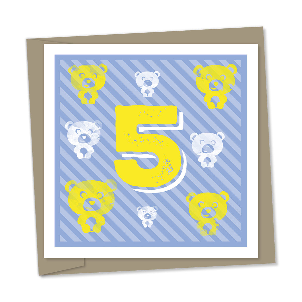5th birthday card – yellow bears, blue striped background