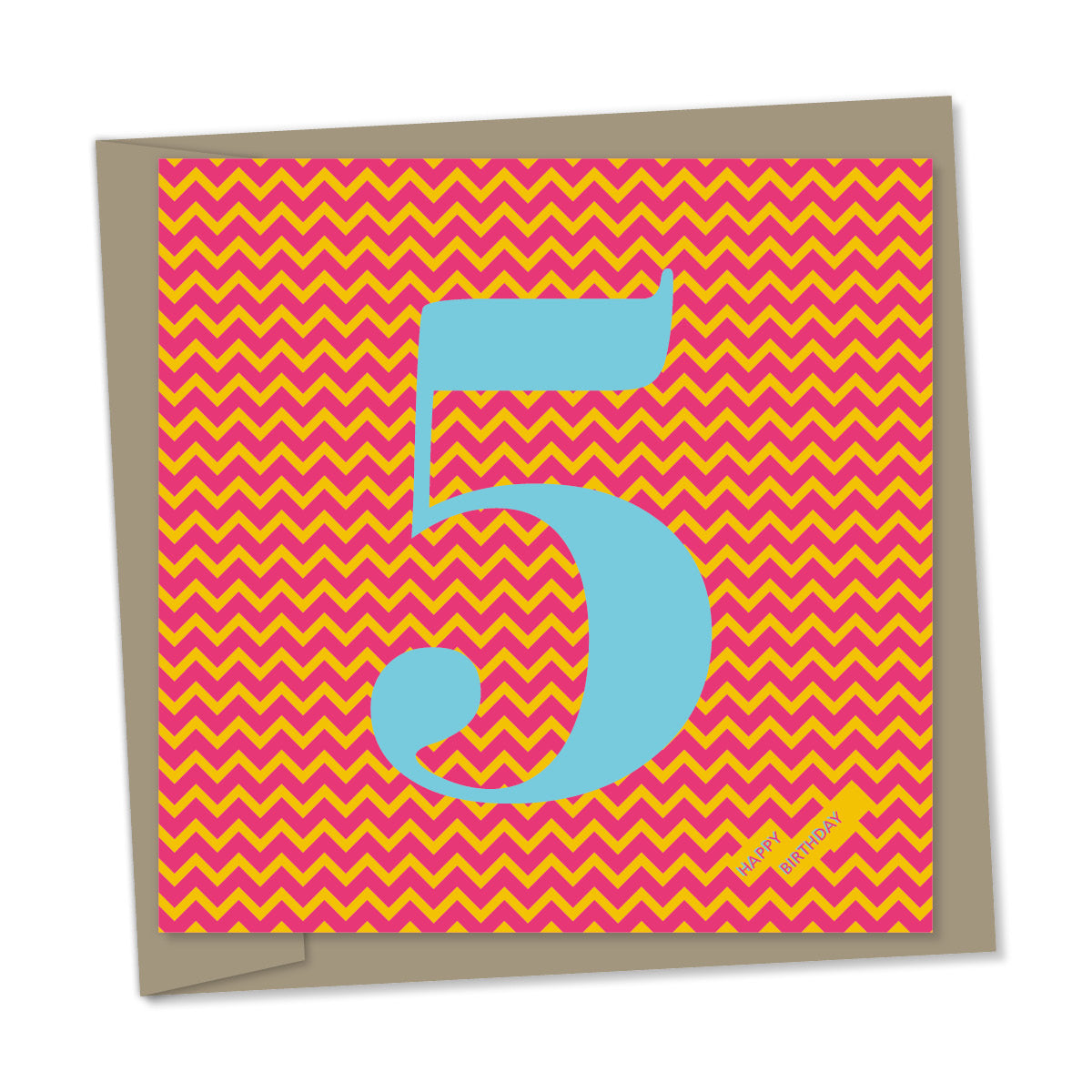 5th birthday card – pale blue number, pink and orange zig zag background