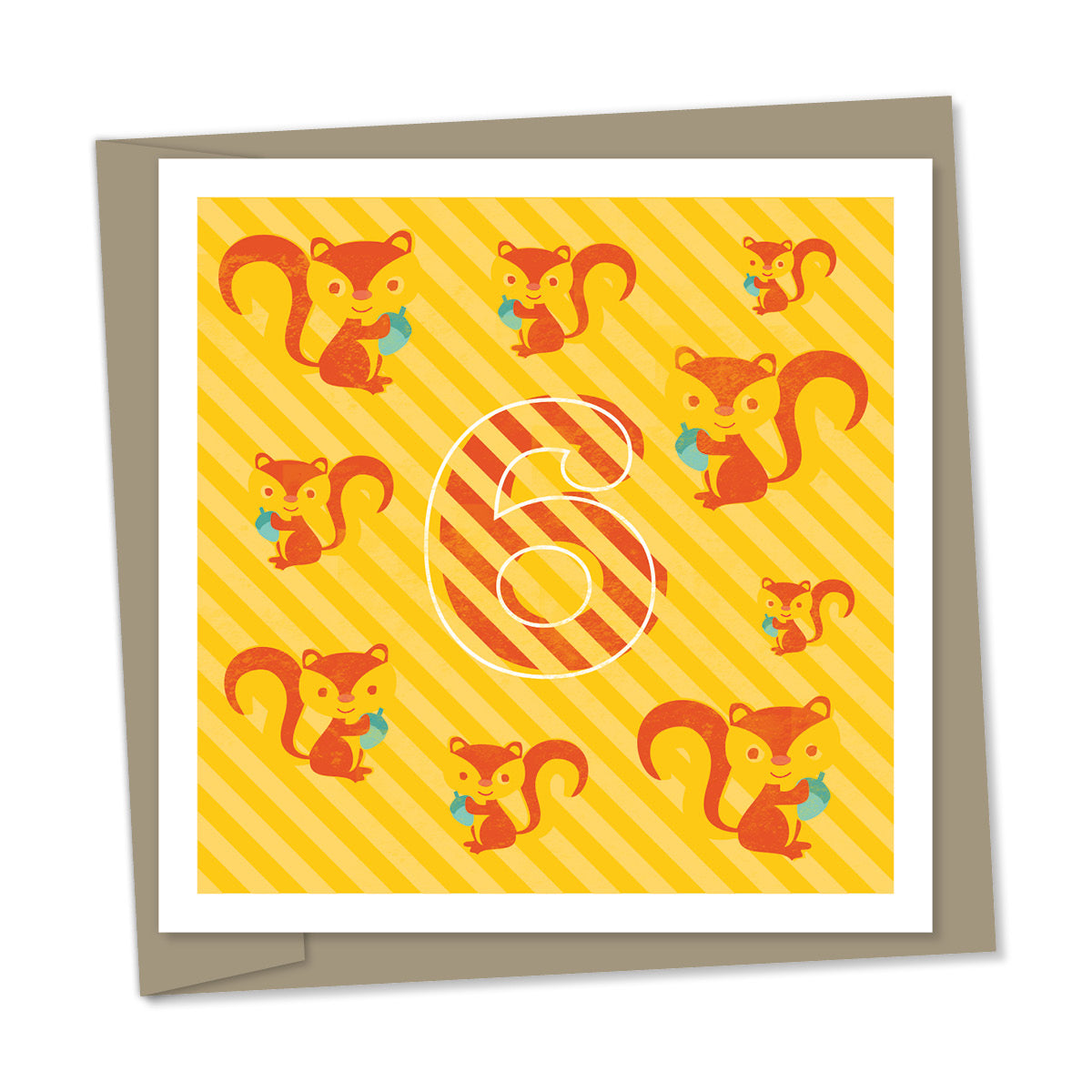 6th birthday card – red squirrels, yellow striped background