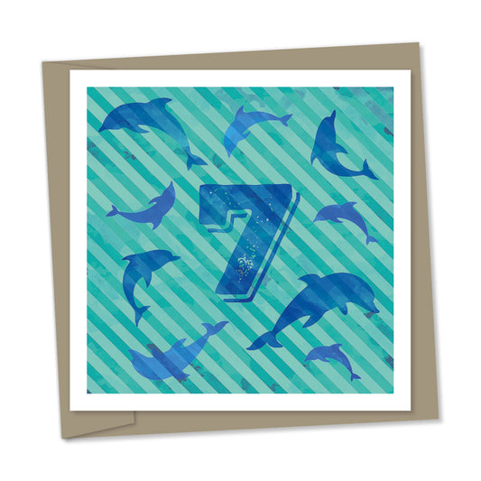 7th birthday card – blue dolphins, aqua striped background