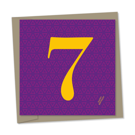 7th birthday card – orange 7 on purple hexagon pattern background