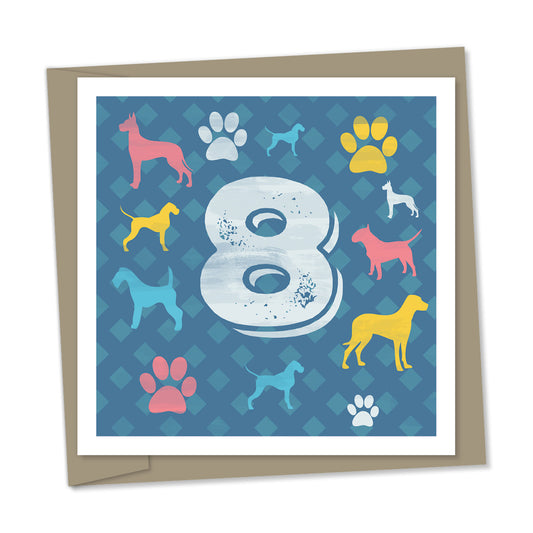 8th birthday card – dogs, paw prints, blue checked background