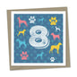 8th birthday card – dogs, paw prints, blue checked background