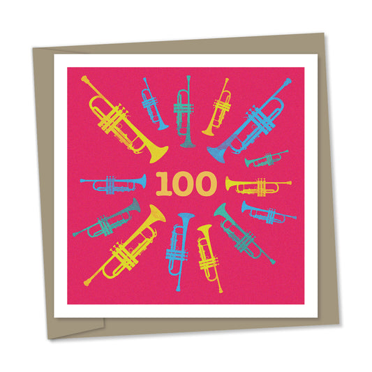 100th birthday – multi-coloured trumpets, pink background